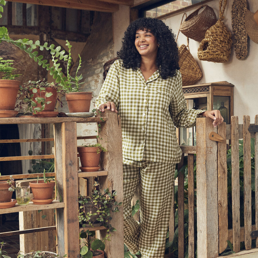 Pappini Linen Blend Pyjama Trousers Set – Botanical Green Gingham