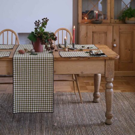 Pappini Linen Table Runner – Botanical Green Gingham 100% Linen